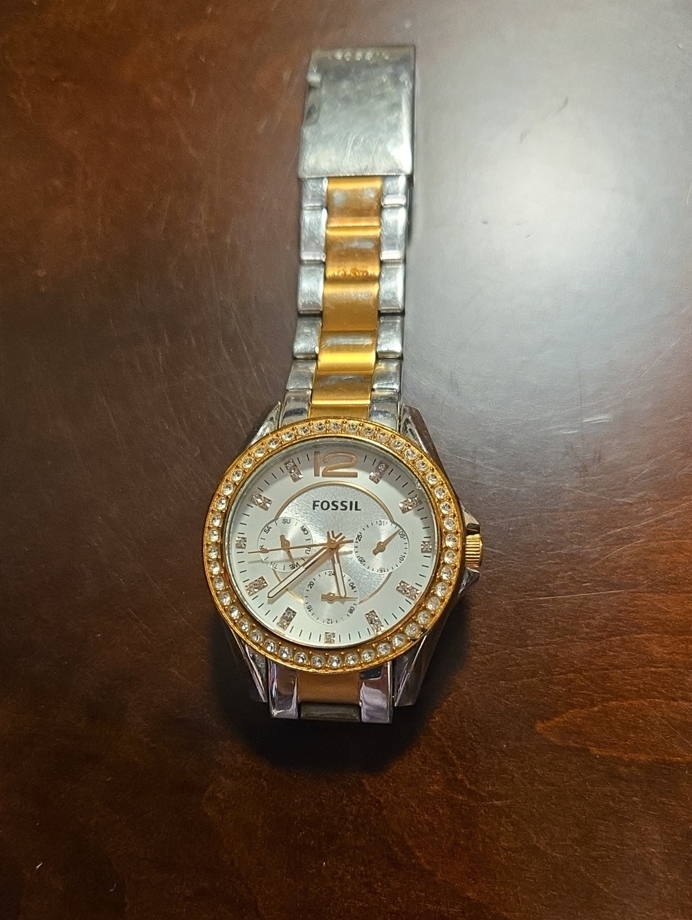 Authentic Fossil Two-Tone Gold and Silver Crystal Bezel Women's Bracelet Watch